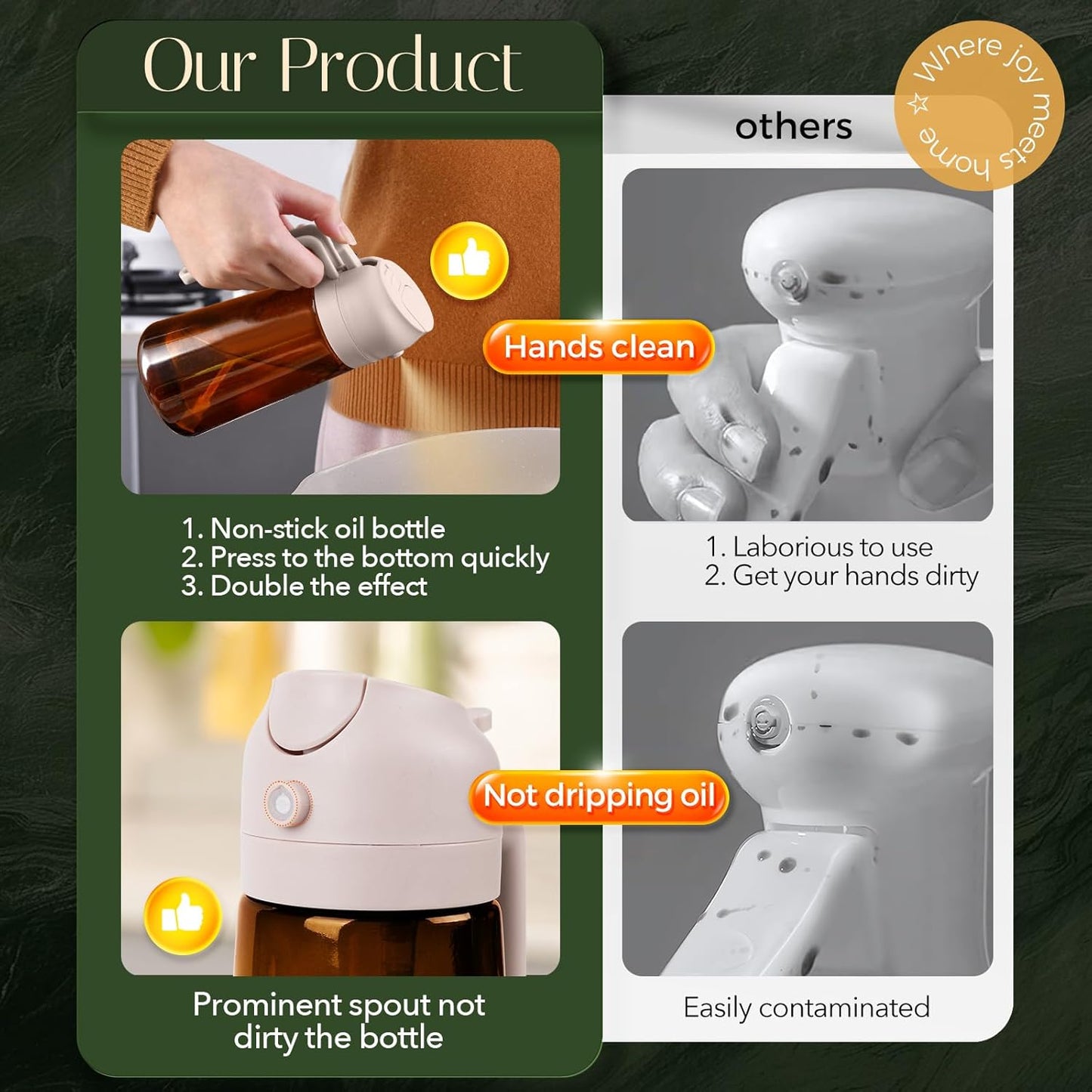 YARRAMATE 2Pcs 16oz/470ml Dark Brown Oil Sprayer for Cooking with Stickers, Food-grade Premium 2 in 1 Olive Oil Dispenser Bottle for Kitchen Gadgets, Air Fryer, Salad, Frying, BBQ (Black&OliveGreen)