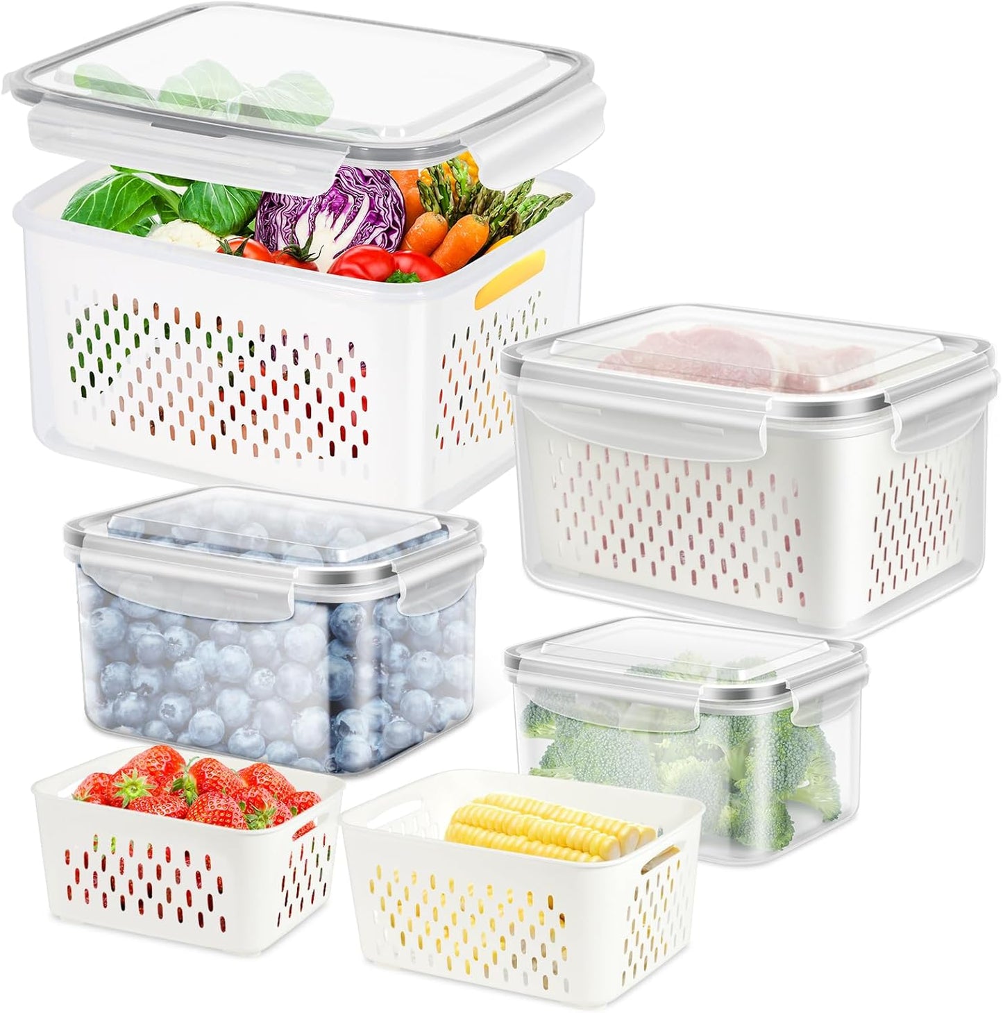 12 Pieces Fruit Storage Containers For Fridge, 6 Pack BPA-Free Fresh Food Containers with Removable Colanders and Airtight Lids, Fresh for Fruit Berry Produce Vegetable, Dishwasher & Microwave Safe