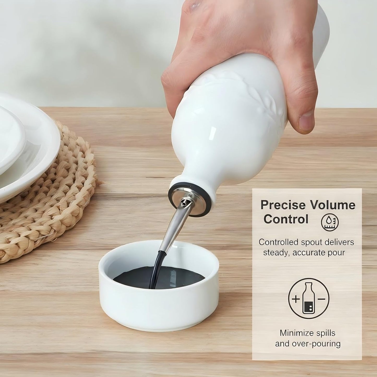 ONEMORE Ceramic Olive Oil Dispenser Bottle with Pour Spouts & Funnel, 17 oz Refillable Kitchen Oil Dispenser for Cooking, Drizzling, Dressing, Modern Leakproof Oil and Vinegar Dispenser, White