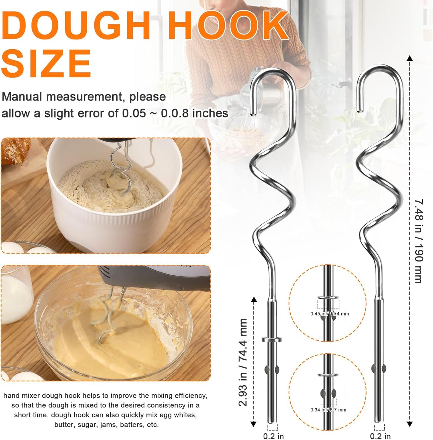 Hand Mixer Beaters Attachments for Kitchenaid Whisk, Beater, Dough Hook, Blending Rod, Stainless Steel Hand Mixers Blender Accessories for Kitchenaid KHM3 KHM5 KHM7 KHM9 KHM926 KHM512-6PCS