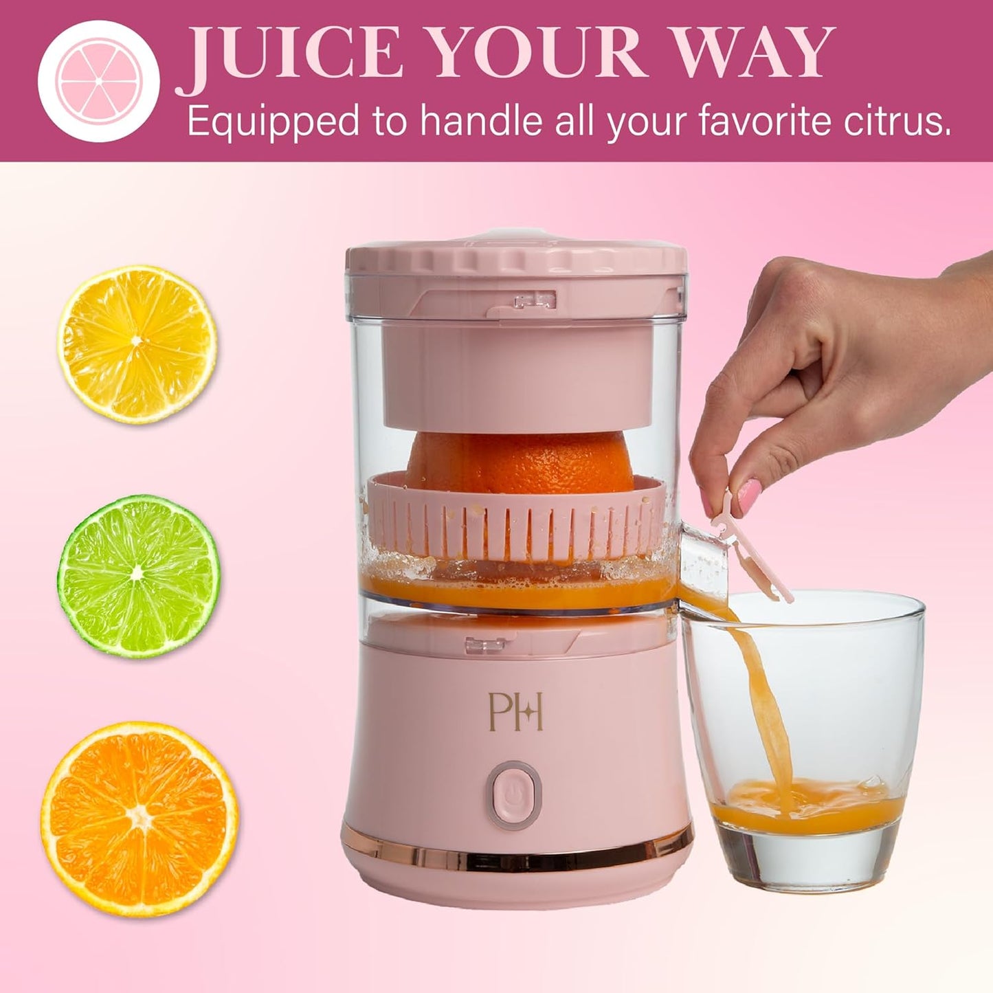 Paris Hilton Electric Citrus Juicer, Mini Portable Cordless Juicer with USB Rechargeable Base, One-Touch Button, Compact Lemon, Lime and Orange Juicer, Pink