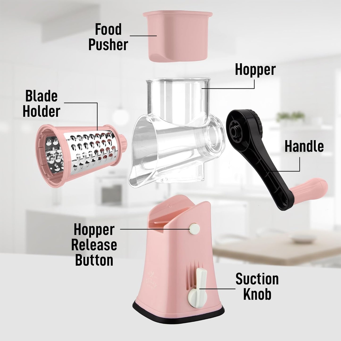 Zulay Kitchen Rotary Cheese Grater 5 Blade Cheese Shredder - Manual Hand Crank Cheese Grater With Reinforced Suction & 5 Interchangeable Drums - Easy to Use, Vegetable Chopper Round Mandoline Slicer - Colors B