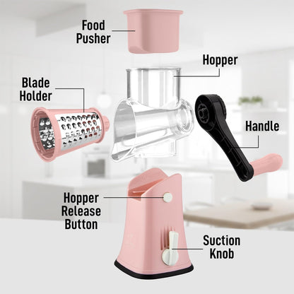 Zulay Kitchen Rotary Cheese Grater 5 Blade Cheese Shredder - Manual Hand Crank Cheese Grater With Reinforced Suction & 5 Interchangeable Drums - Easy to Use, Vegetable Chopper Round Mandoline Slicer - Colors B