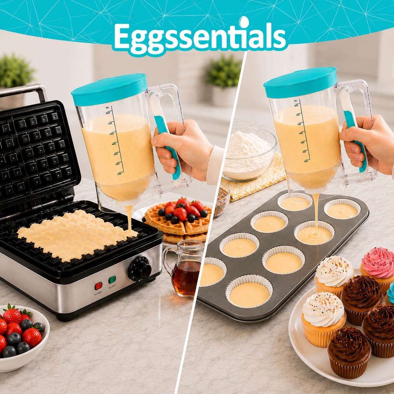 Eggssentials - Pancake Batter Dispenser with 5-Cup Capacity - Waffle Batter Dispenser for Pancakes, Cupcakes & Crepes, Easy-Squeeze Handle, Dishwasher Safe - Black Pancake Dispenser