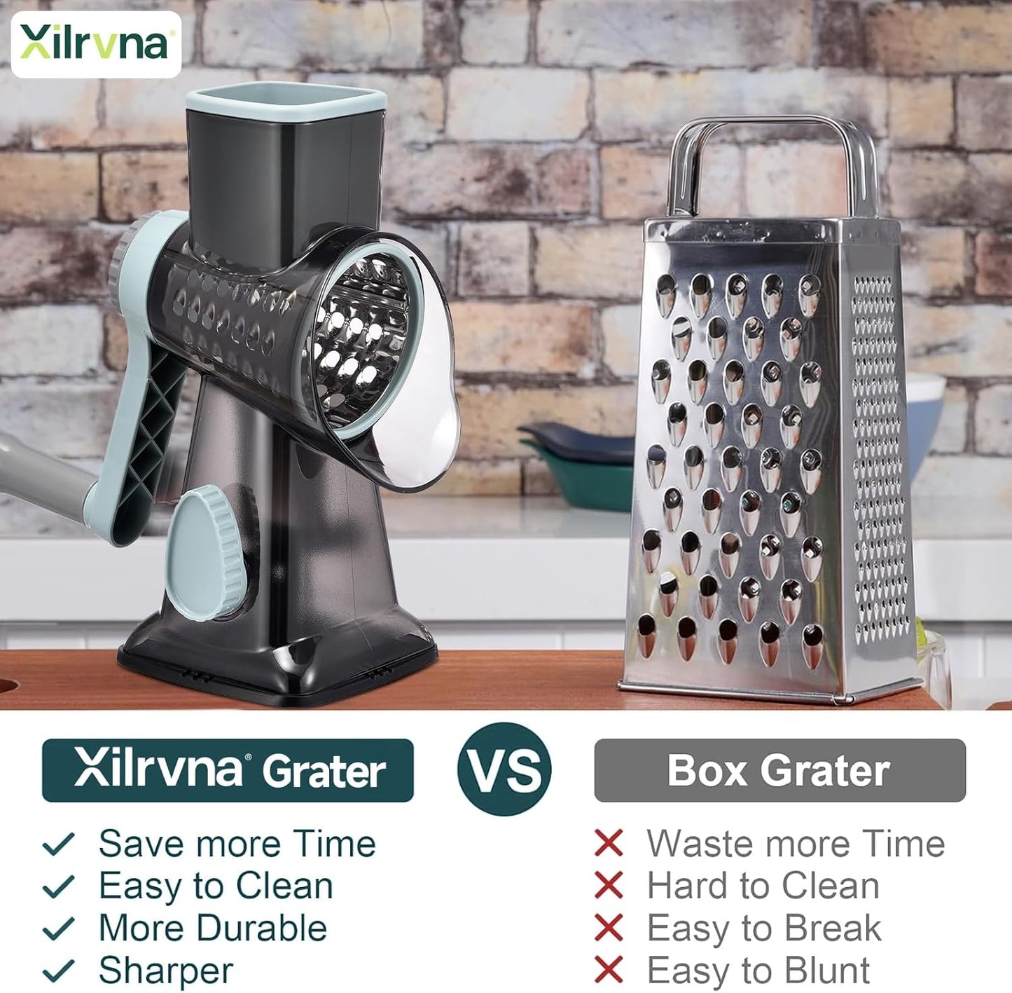 Rotary Cheese Grater with Handle Kitchen Shredder Slicer Grater Slicer Ice Shaver Cheese Vegetable Nuts Potato Zucchini Chocolate 3 Interchangeable Blades (Dark Grey TSP)
