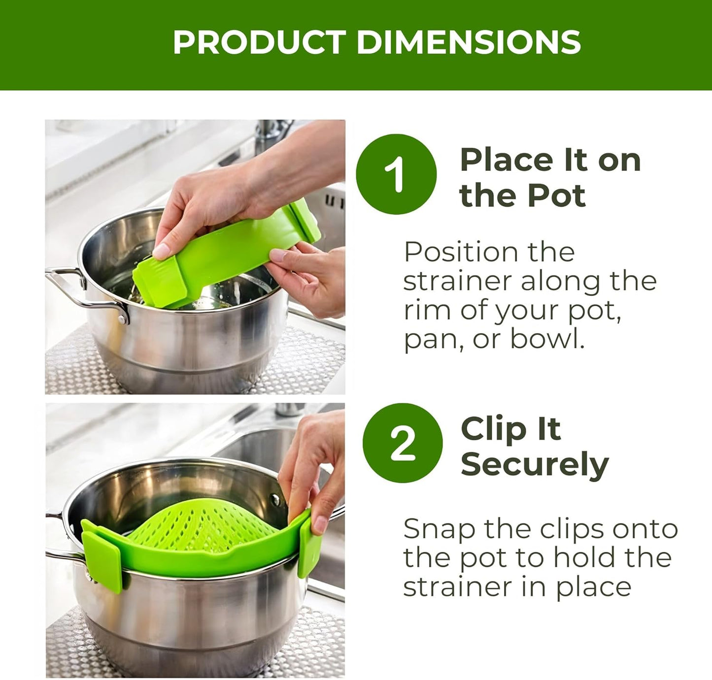 Performore Compact Universal Silicone Snap-On Pot Strainer | Heat-Resistant Clip-On Food Colander | BPA-Free Pasta, Vegetable & Soup Drainer | Dishwasher Safe Kitchen Tool
