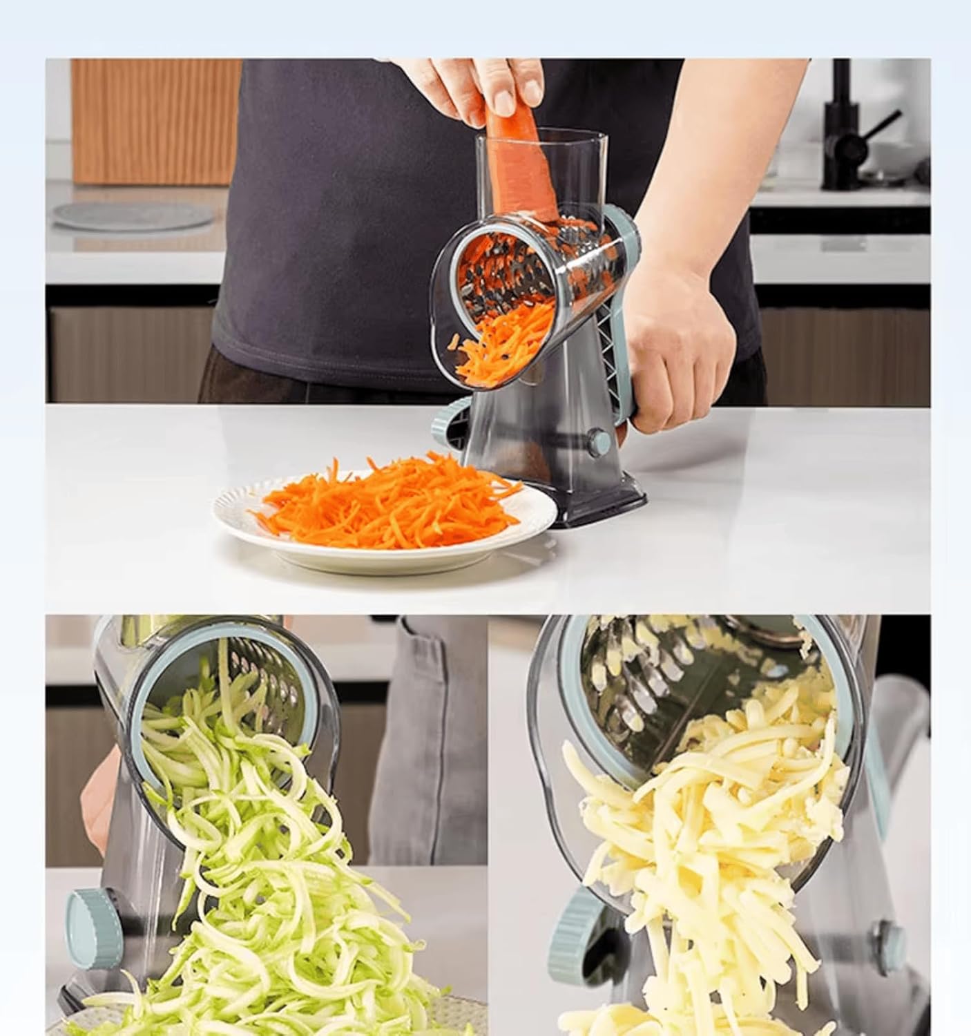 Rotary Cheese Grater with 3 Stainless Steel Blades – Manual Cheese, Vegetable, Nuts Slicer & Shredder with Strong Suction Base, Round mandoline slicer & Food Chopper - Hand Crank Grater with Handle