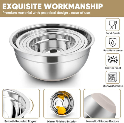 TeamFar Mixing Bowls with Lids Set, 7/3.5/2.5/1.5/1 QT, Stainless Steel Large Red Nesting Metal Salad Mixing Bowl Set of 5, Healthy & Easy Clean, Airtight Lid & Non-slip Bottom
