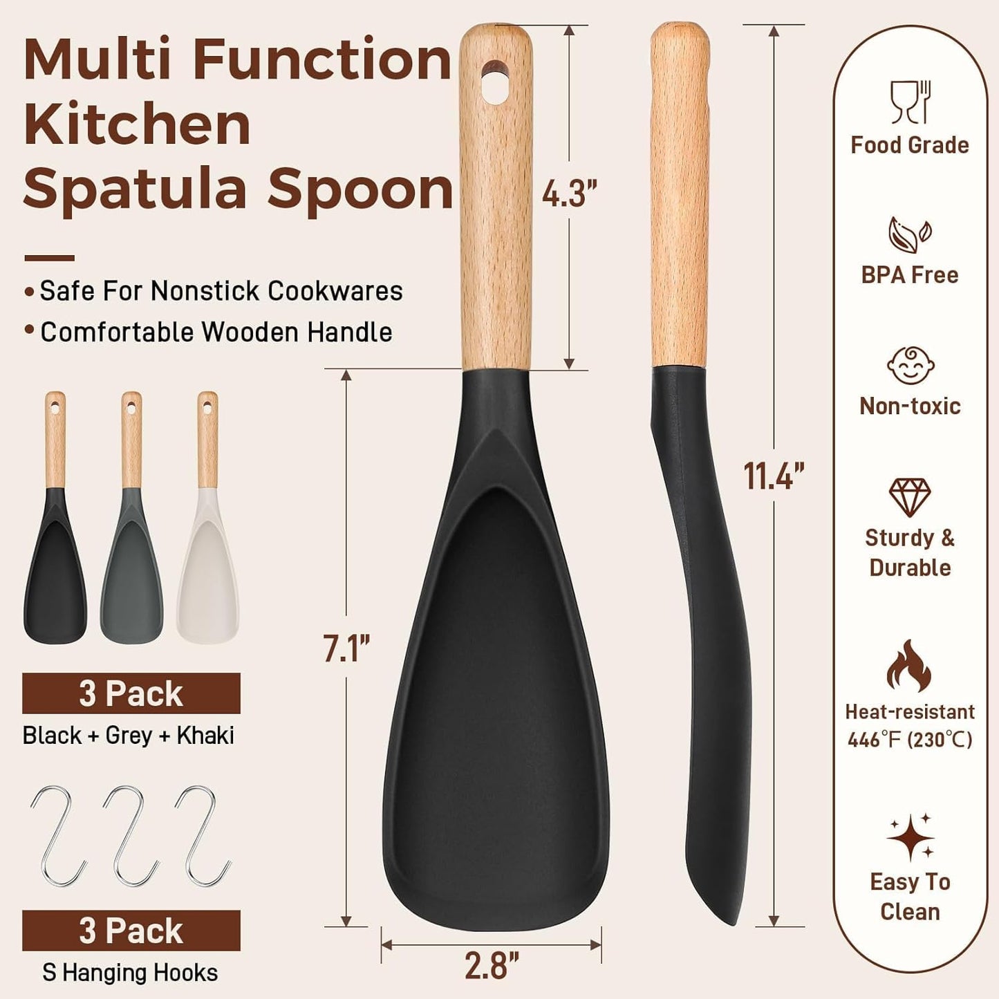 3 PACK Cooking Spatula Spoon for Nonstick Cookware, Multifunction Spoonula Great for Cooking, Serving, Baking, Mixing, Stirring, Scoop, Scrape - Sturdy BPA-Free Heat Resistant Silicone & Wood Handle