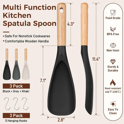 3 PACK Cooking Spatula Spoon for Nonstick Cookware, Multifunction Spoonula Great for Cooking, Serving, Baking, Mixing, Stirring, Scoop, Scrape - Sturdy BPA-Free Heat Resistant Silicone & Wood Handle
