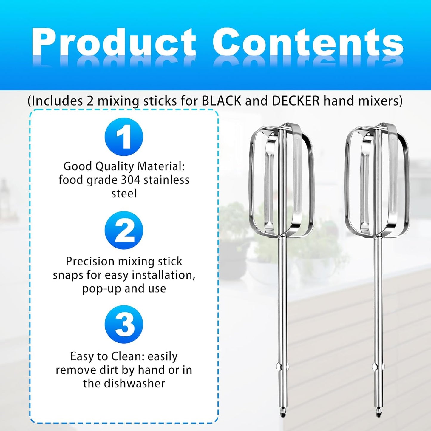 2pcs Hand Mixer Beaters Attachments Compatible with BLACK & DECKER, Universal Stainless Steel Electric Hand Mixer Whisk Replacement for Cooking and Baking