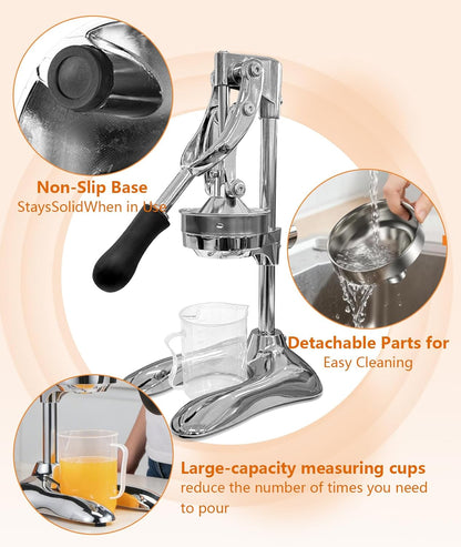 Manual Juicer Professional Hand Press - Heavy Duty Stainless Steel Citrus Squeezer for Orange, Lemon & Pomegranate with Stable Base and Measuring Cup, Commercial Grade Extraction