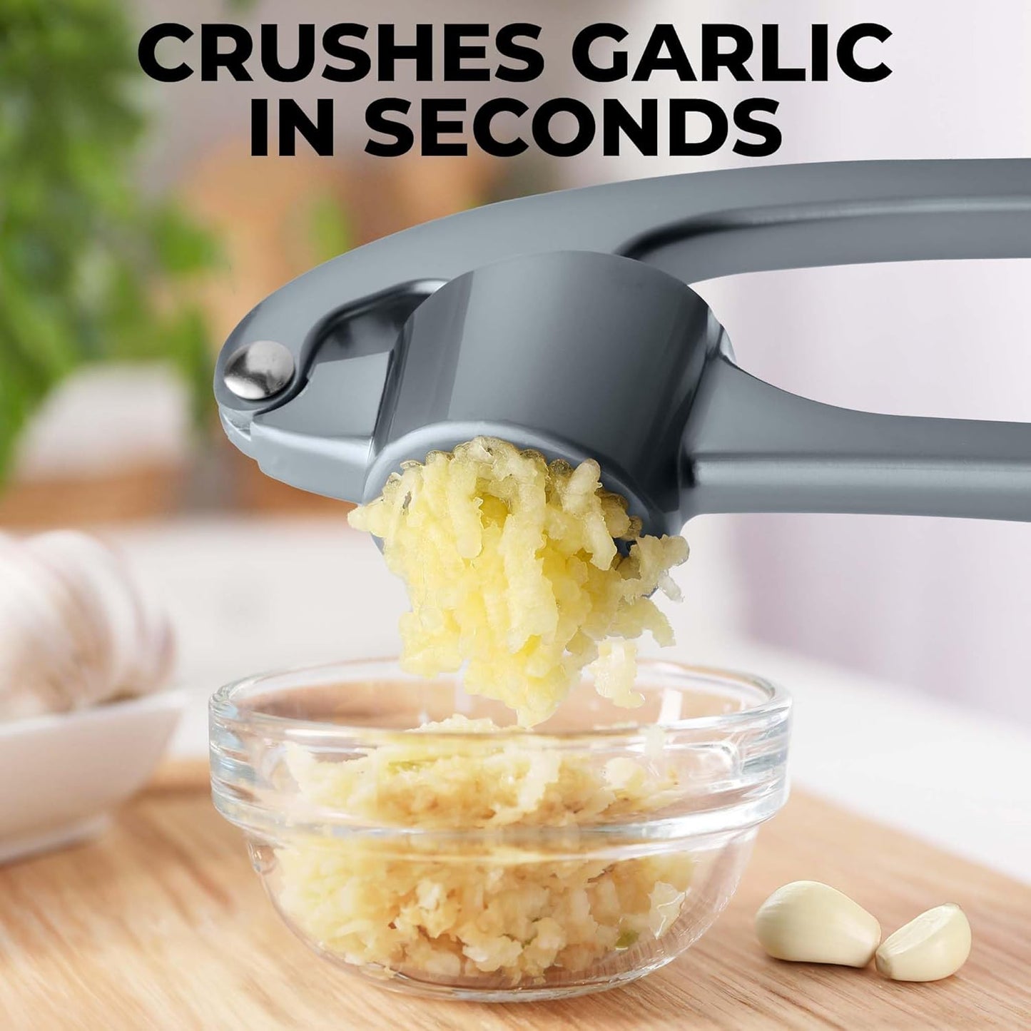 Zulay Kitchen Premium Garlic Press Set - Rust Proof Professional Garlic Mincer Tool - Easy-Squeeze, Easy-Clean with Soft, Ergonomic Handle - Silicone Garlic Peeler & Brush (Silver)