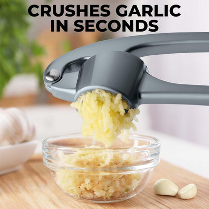 Zulay Kitchen Premium Garlic Press Set - Rust Proof Professional Garlic Mincer Tool - Easy-Squeeze, Easy-Clean with Soft, Ergonomic Handle - Silicone Garlic Peeler & Brush (Silver)