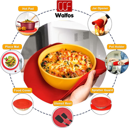 Walfos Silicone Trivet Mats - 4 Heat Resistant Pot Holders, Multipurpose Non-Slip Hot Pads for Kitchen Potholders, Hot Dishers, Jar Opener, Spoon Holder, Food Grade Silicone & BPA Free (Black)
