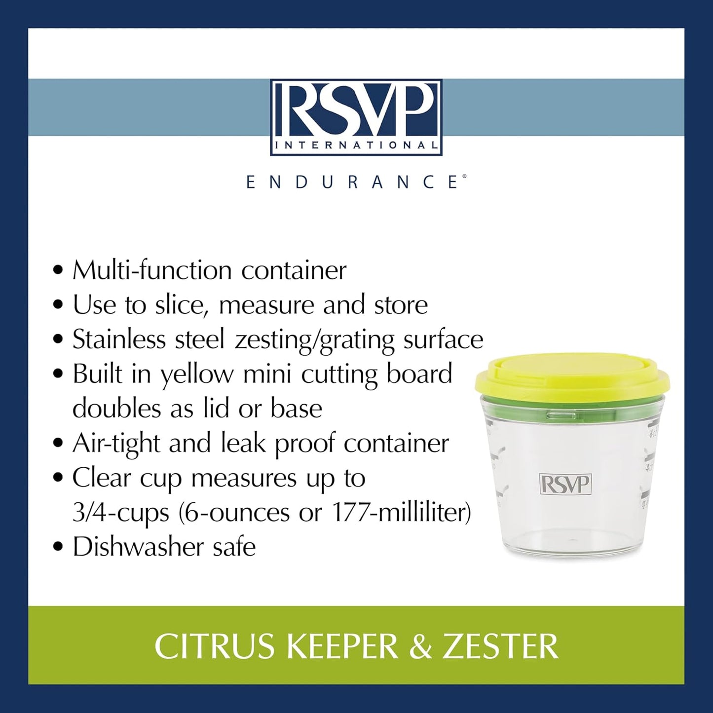 RSVP International Kitchen Collection Multi-Function Zester/Grater, Airtight and Leak Proof Container, Dishwasher Safe, 6 oz Capacity, Yellow