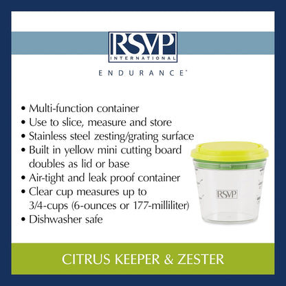 RSVP International Kitchen Collection Multi-Function Zester/Grater, Airtight and Leak Proof Container, Dishwasher Safe, 6 oz Capacity, Yellow