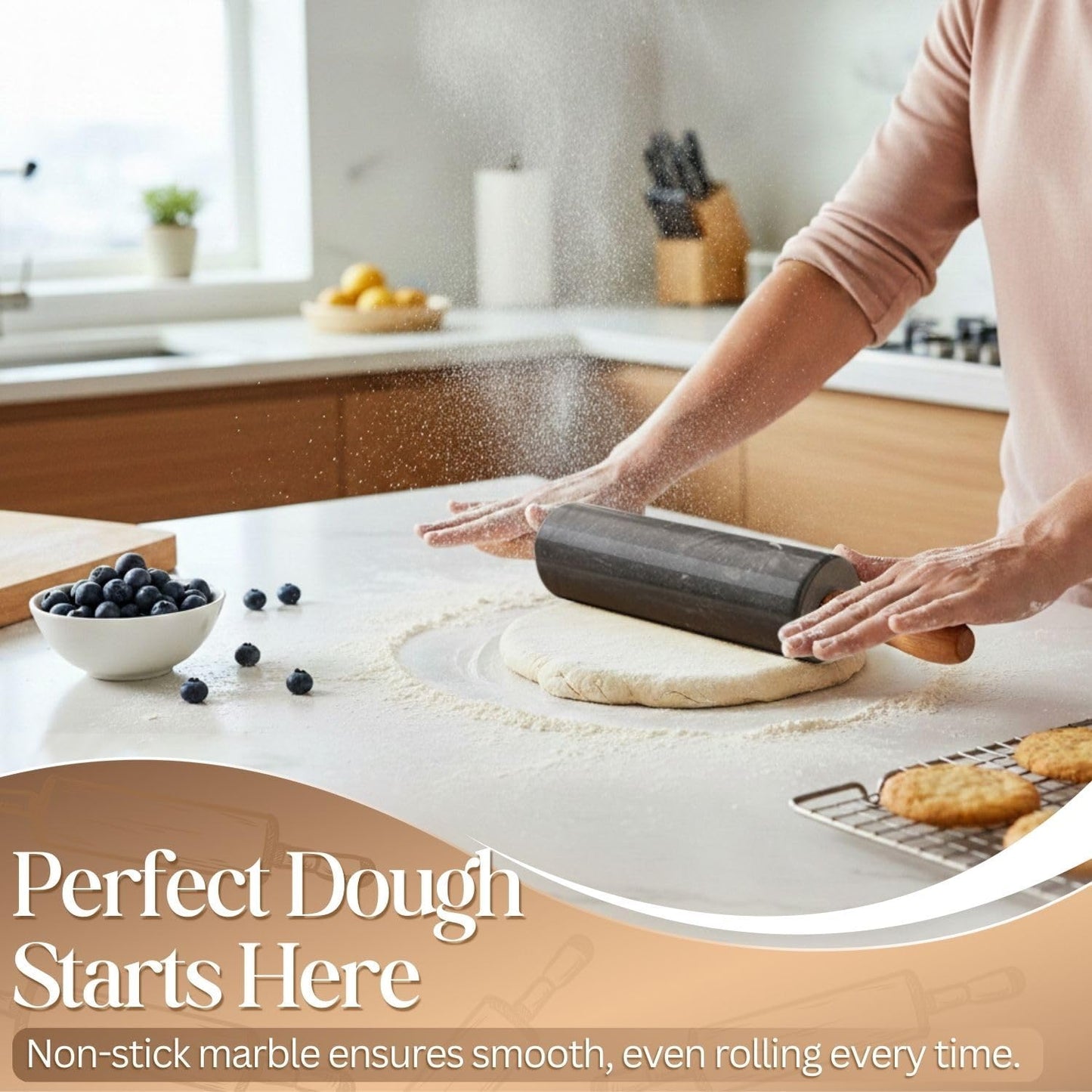 Flexzion Marble Rolling Pin Heavy Nonstick Stone Dough Roller - 10 Inch Polished Barrel with Wooden Handles & Cradle Stand for Baking Pastry Bread Pizza Cookies Pie Crust Pasta Tortillas (White)