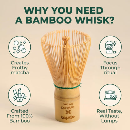 Aprika Life Matcha Bamboo Whisk Set with Holder | 100 Prong Chasen, Bamboo Scoop & Glass Whisk Holder | Matcha Whisk and Holder Starter Kit