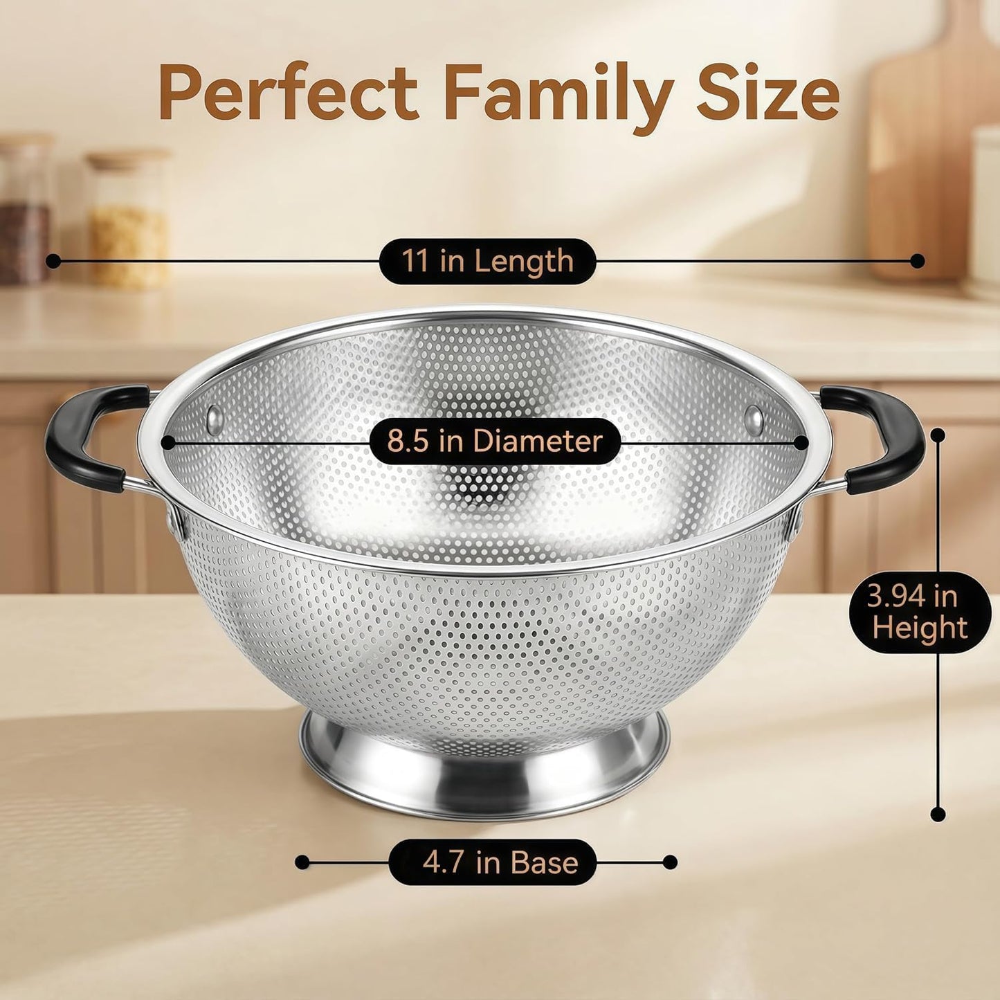304 Stainless Steel Colander, Micro-Perforated 3-Quart Strainer with Base, Dishwasher Safe. Great for Pasta, Noodles, Vegetables & Fruits