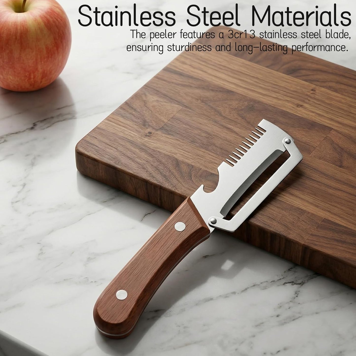 3 in 1 Vegetable Peeler for Kitchen with Wood Handles, Stainless Steel Blade and Bottle Opener - Multi-Functional Julienne Peeler for Fruit, Orange, Potato, Carrot, Green Onion