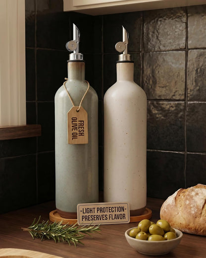 17 oz Ceramic Olive Oil Bottle Dispenser for kitchen with Stainless Automatic Spout, Stoneware 500ml Oil, Vinegar, Soy Sauce, Coffee Syrup, and Liquids container - Deep Gray-Blue