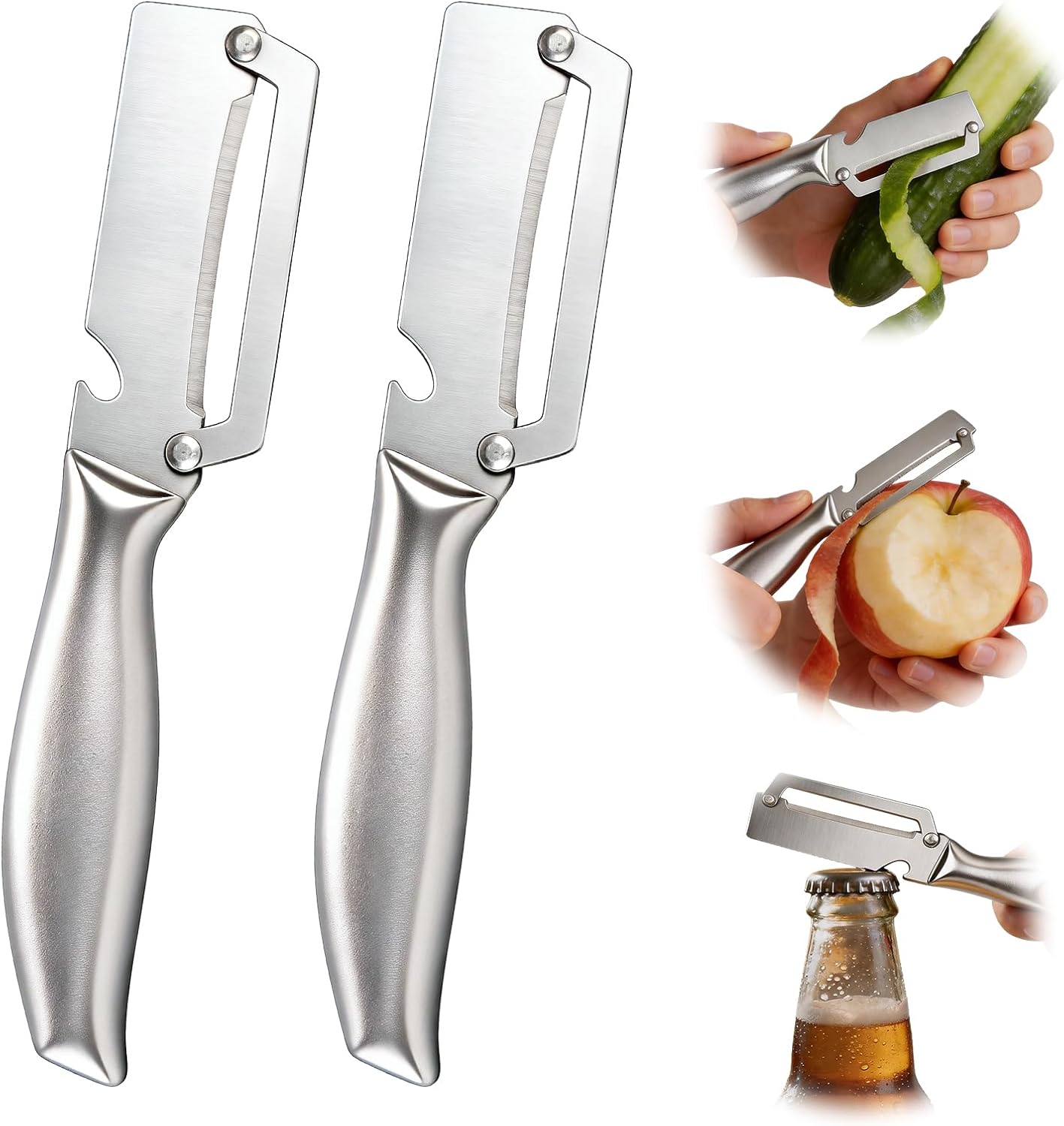 Multifunctional Vegetable Peeler, 3 in 1 Julienne Peeler with Wooden Handle, Vegetable Shredder with Bottle Opener Kitchen Tool for Peeling Veggie Fruit Pineapple Pumpkin Papaya Carrrot(2 Pack)
