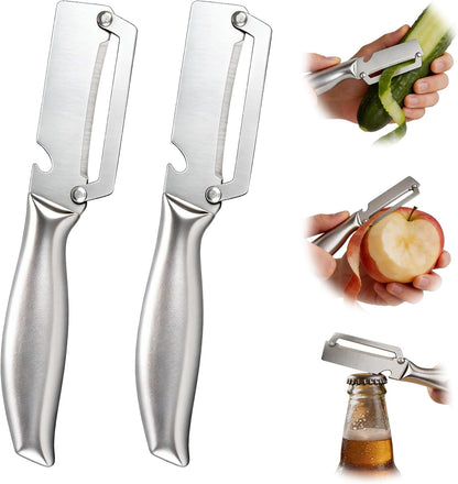 Multifunctional Vegetable Peeler, 3 in 1 Julienne Peeler with Wooden Handle, Vegetable Shredder with Bottle Opener Kitchen Tool for Peeling Veggie Fruit Pineapple Pumpkin Papaya Carrrot(2 Pack)