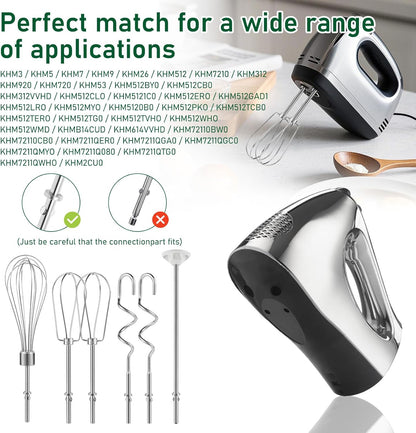 Hand Mixer Attachments Beater, Dough Hooks and Whisk, Blending Rod, Stainless Steel Hand Mixer Accessories Compatible with Kitchenaid Hand Mixers KHM3 KHM5 KHM7 KHM9, 6-piece set