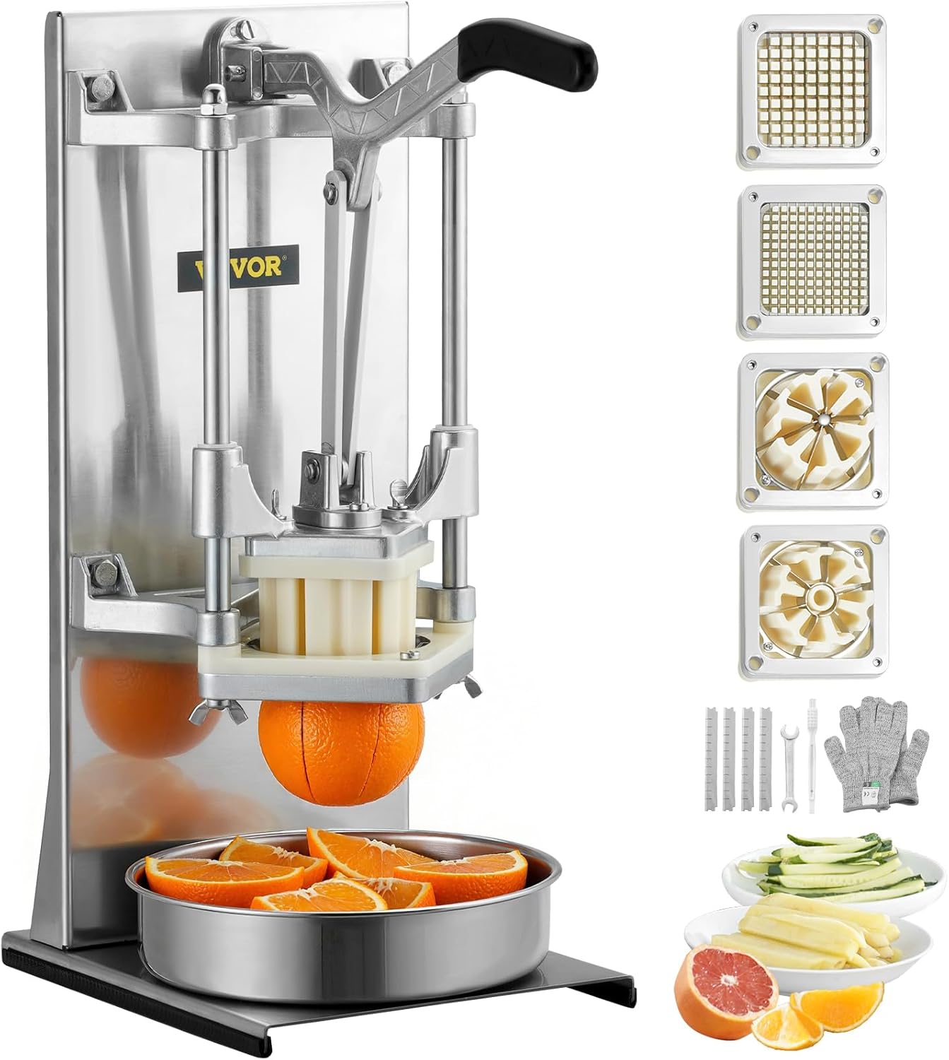 VEVOR French Fry Cutter, Ergonomic Potato Slicer with 3 Blades (1/2", 3/8", 1/4") & Juicer Plate, Easy-Replace Vegetable Chopper Dicer for Carrot, Onion, Lemon, Ideal for Home & Commercial Kitchens