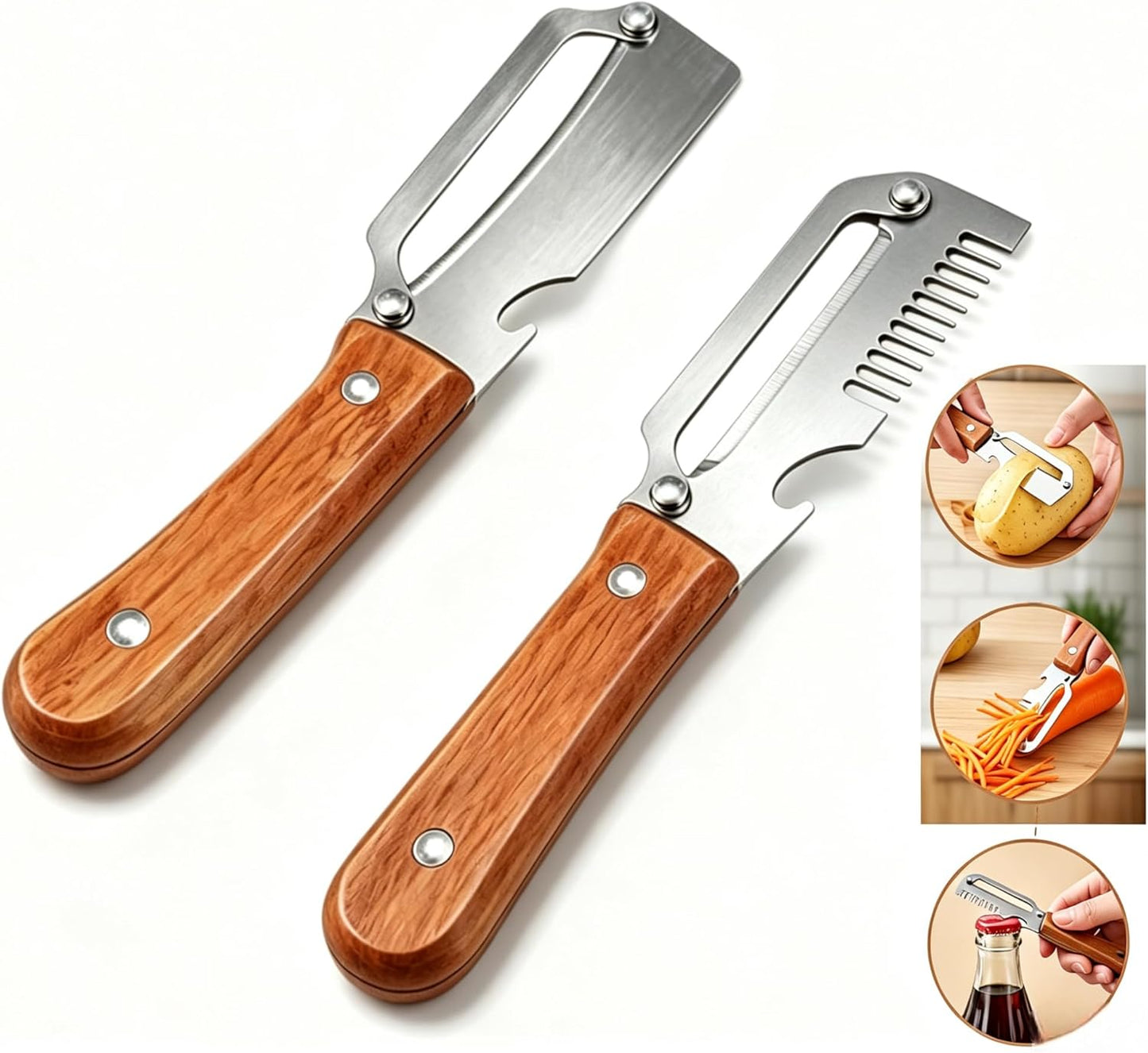 2026 Upgrade 3-in-1 Veg Peeler, Wood Handle Thick Stainless Steel Wide Blade, Scallion Shredder & Bottle Opener, Ultra-Sharp Multi Peeler for Potato Carrot Kitchen Camping Travel (1pcs+1ps)