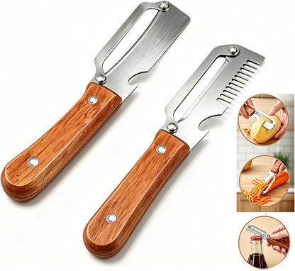 2026 Upgrade 3-in-1 Veg Peeler, Wood Handle Thick Stainless Steel Wide Blade, Scallion Shredder & Bottle Opener, Ultra-Sharp Multi Peeler for Potato Carrot Kitchen Camping Travel (1pcs+1ps)
