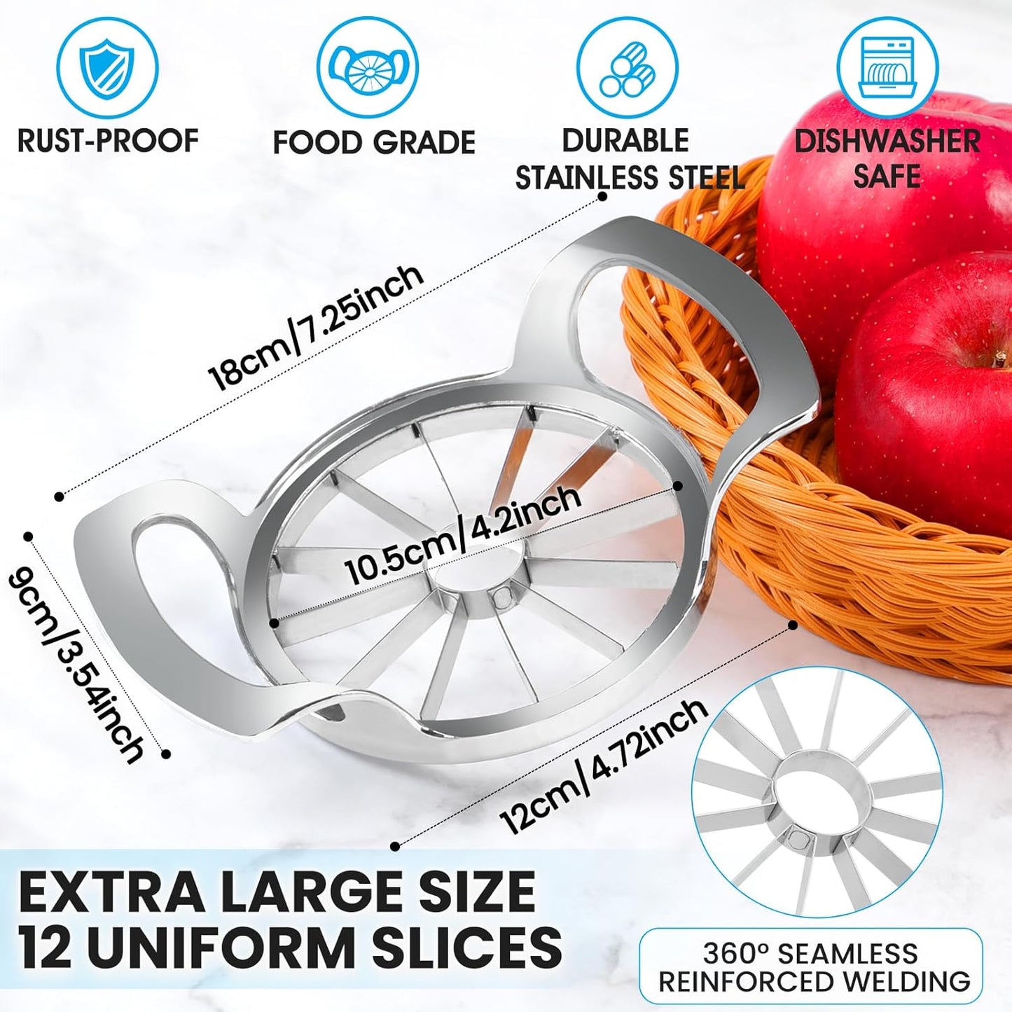 AUBENR 4.72 Inch Extra Large Apple Slicer with 12 Blades - Professional Heavy Duty Apple Cutter -304 Stainless Steel Apple Corer Tool - Sharp Apple Slicer and Corer - Easy to Use - Dishwasher Safe