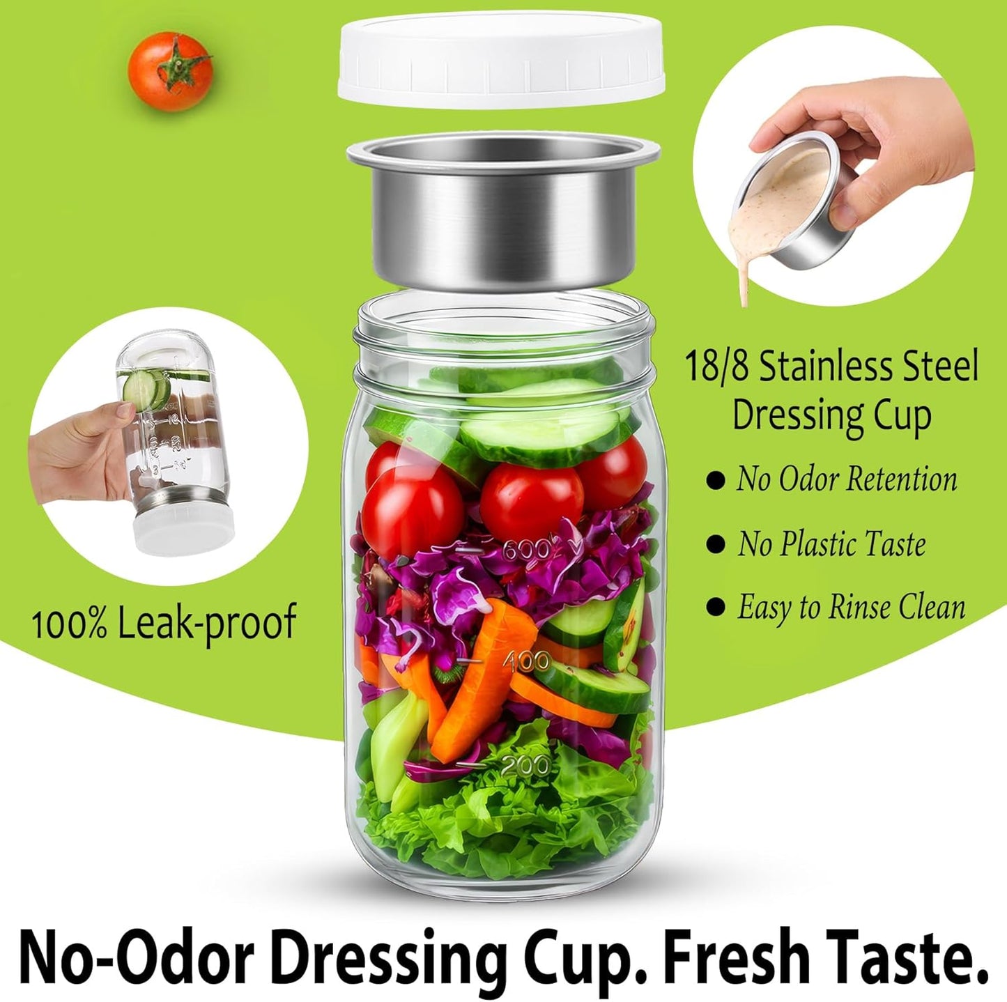 KTKUDY 4 Pack 32 oz Glass Salad Jars with Dressing Cups (Pod) - Meal Prep Salad Container for Lunch - Leakproof Mason Jars with Lids