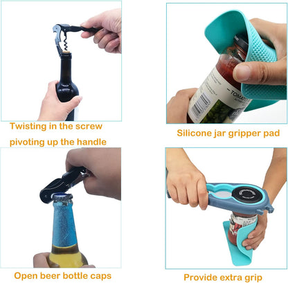 Otstar Jar Opener & Bottle Opener Set for Weak Hands - Multi-Function Kitchen Opener Tool for Seniors with Arthritis, Elderly - Includes Jar Lid Gripper Pad, Corkscrew Opener