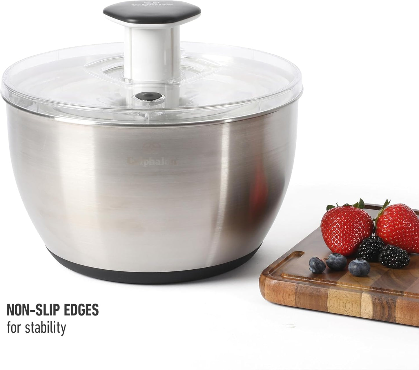 Calphalon Aero 6.3-Qt Stainless Steel Salad Spinner, Fruit & Vegetable Washer Bowl with Strainer Basket for Washing Lettuce, Spinach, Herbs & Fresh Produce