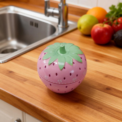 Cute Fruit Cookie Kitchen Timer | Novelty Manual Cooking Alarm | Fun Shaped Mechanical Strawberry Windup for Home Desktop Decor