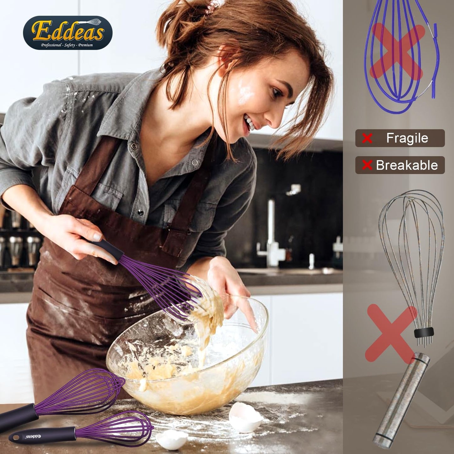 Whisks For Cooking - 500 °F Heat Resistant Silicone Whisk, Heavy Duty 7",9"&11inch Non-Scratch Balloon Kitchen Wisk tool Set, for cooking Wisking, Blending, Beating, Stirring, 3 Piece Black