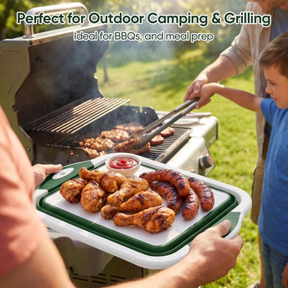 Collapsible BBQ Prep Tub with Lid, Foldable Camping Sink with Colander, Cutting Board, Dish Basin for Kitchen, Bowl, Vegetable and Fruit, Storage Basket for Picnic-Green