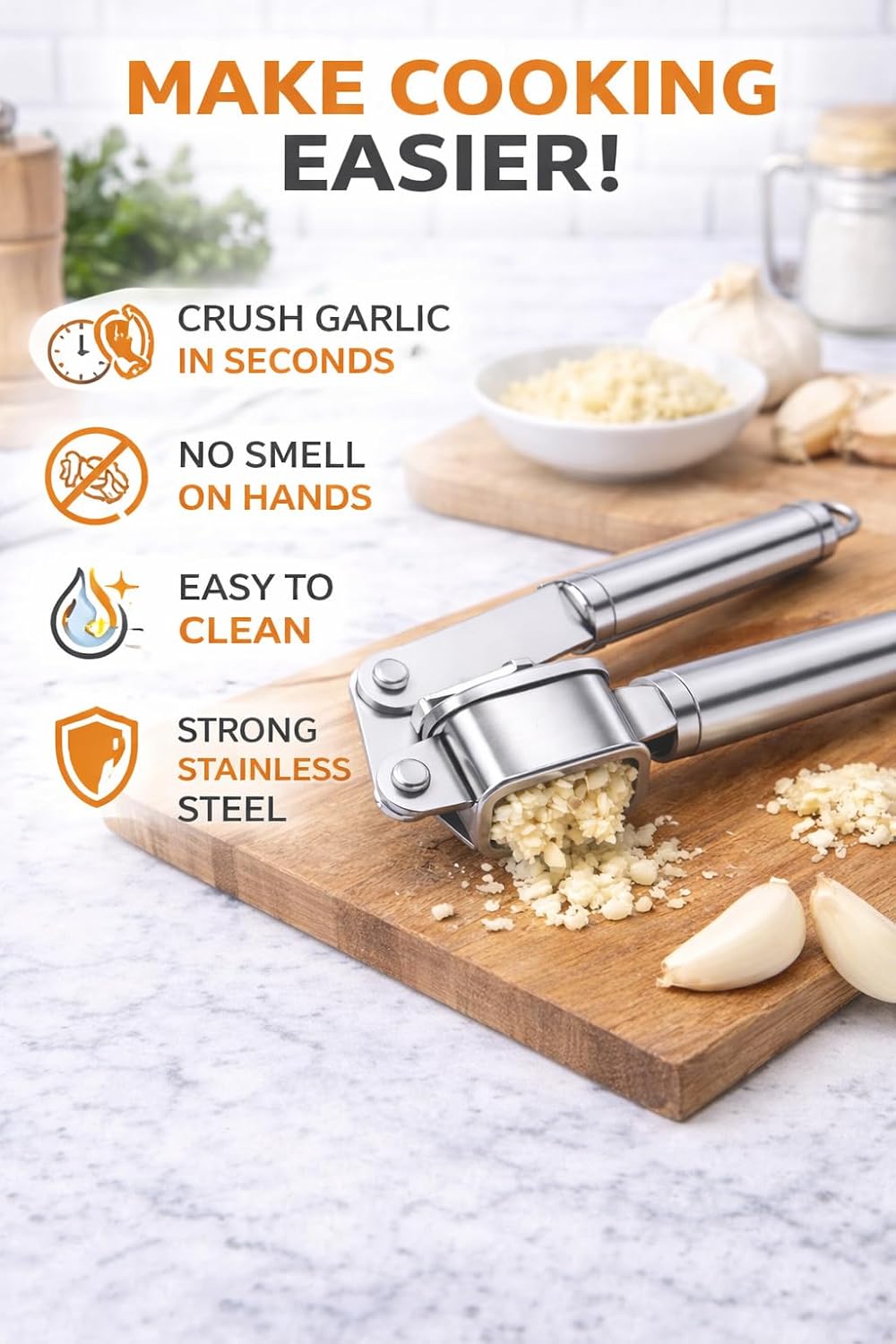 Stainless Steel Garlic Press, Heavy Duty Garlic Crusher Mincer, Easy Squeeze Ergonomic Handle, Kitchen Tool for Garlic Ginger
