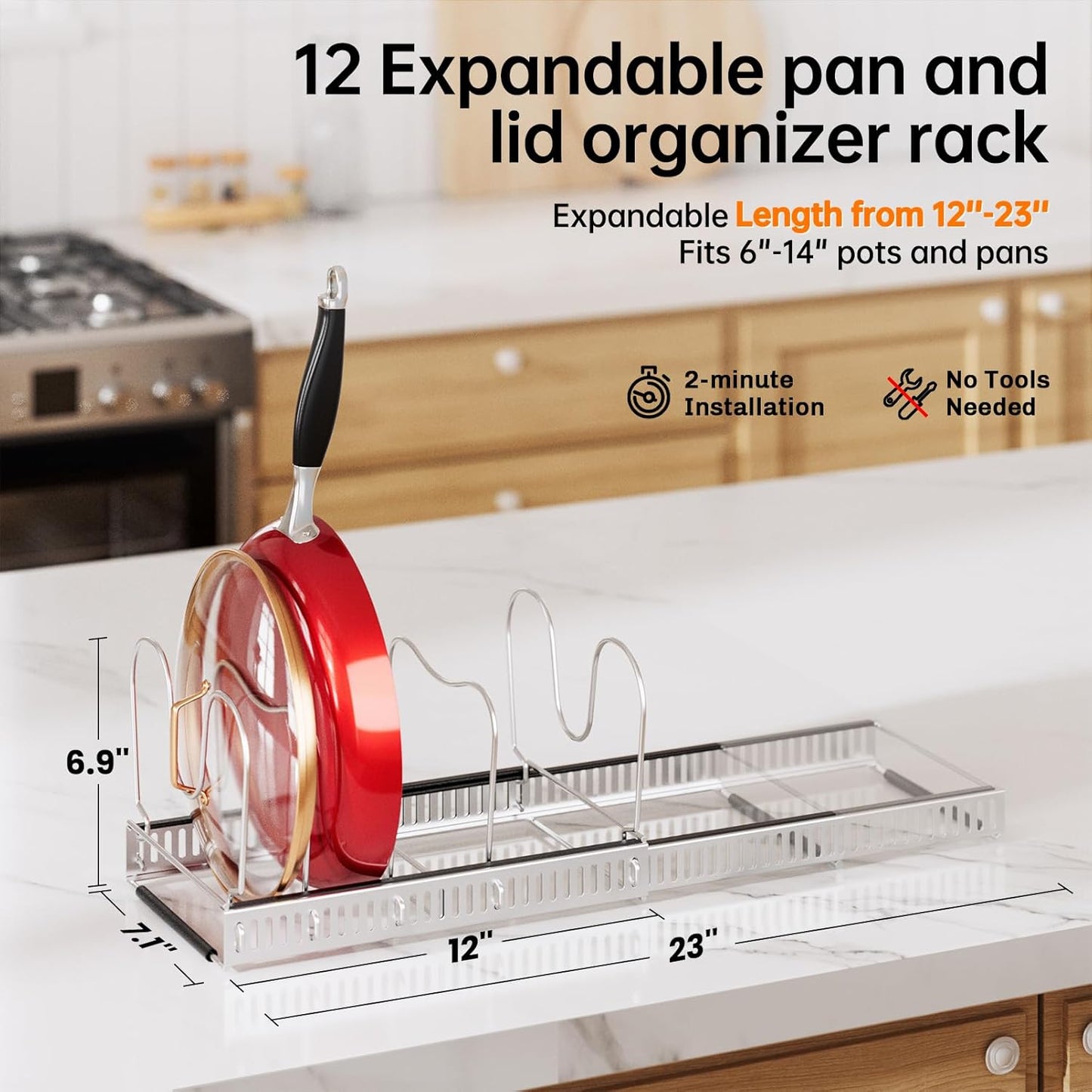 MUDEELA Pots and Pans Organizer Rack for under Cabinet, Expandable 11.81''-22.85'' Pot Lid Kitchen Cabinet Organizer Holder with 10 Adjustable Compartment Cutting Board Organizer for Pan Lid, Bakeware