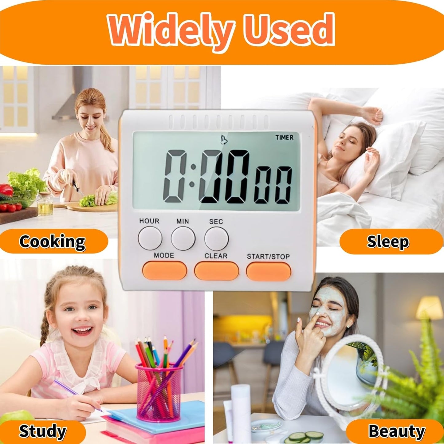 24 Hour Digital Timer Magnetic Kitchen Timer with Clip Large Screen Alarm Clock Refrigerator Magnet for Small Cooking Hour Timers and Home Use Perfect for Fridge and Stove (Orange)