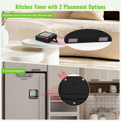 Digital Dual Kitchen Timer, 4-Channel Magnetic Countdown Timer for Cooking, On/Off, Large Display Multi Food Loud Alarm Silent for Classroom Seniors Battery Included (Black)