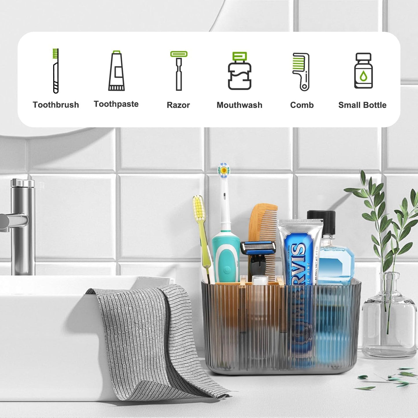 GFWARE Toothbrush Holders for Bathrooms, 5 Slots Bamboo Toothbrush Holder Kids Electric Toothbrush Holder and Toothpaste Holder for Bathroom Countertop Accessories Storage, Marble Toothbrush Organizer