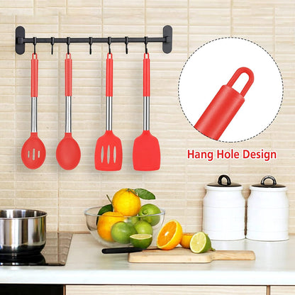 Pack of 4 Large Silicone Cooking Spatulas and Spoons, Slotted and Solid Stainless Steel Cooking Utensils Set, Non-stick Heat Resistant Kitchen for Baking, Fried, Stir-Fry, Mixing, Serving (Black)