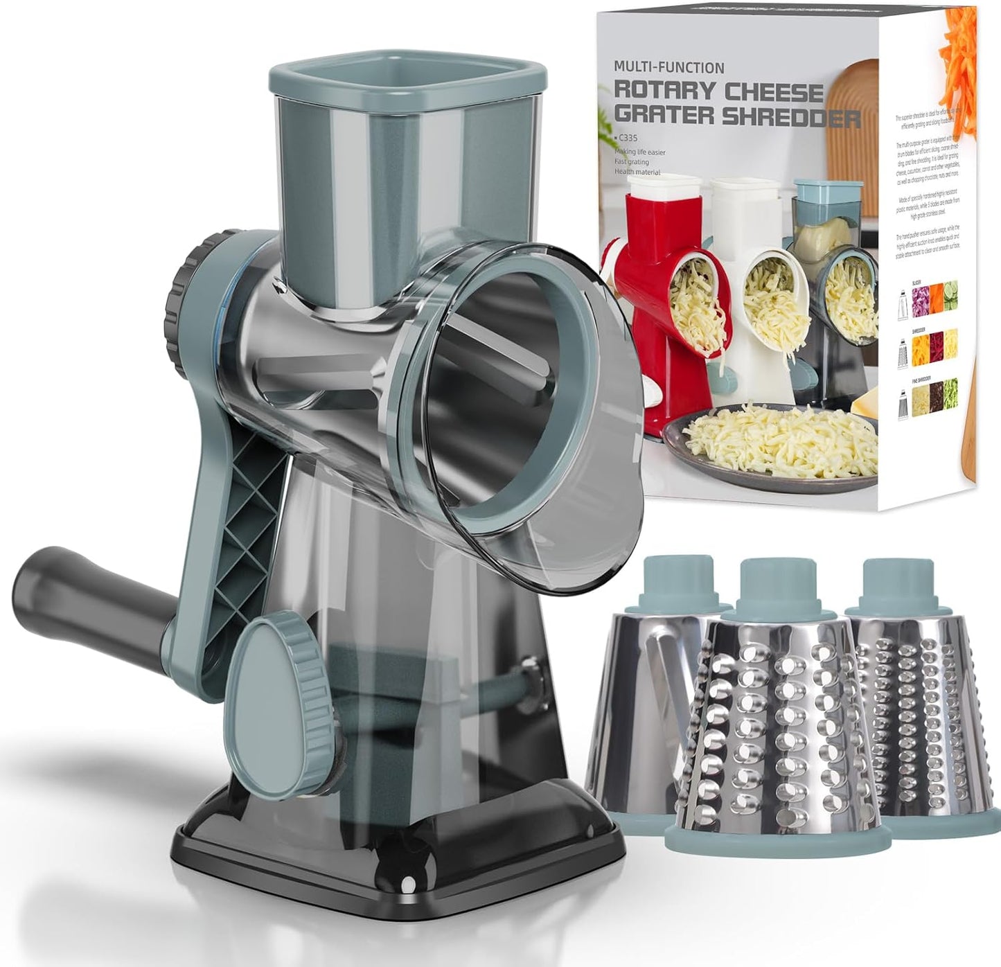 Cheese Grater Cheese Shredder with 3 Interchangeable Blades, Rotary Cheese Grater Manual Vegetable Slicer with Non-slip Suction Base Peanut Nuts Grinder Vegetable Shredder Clear