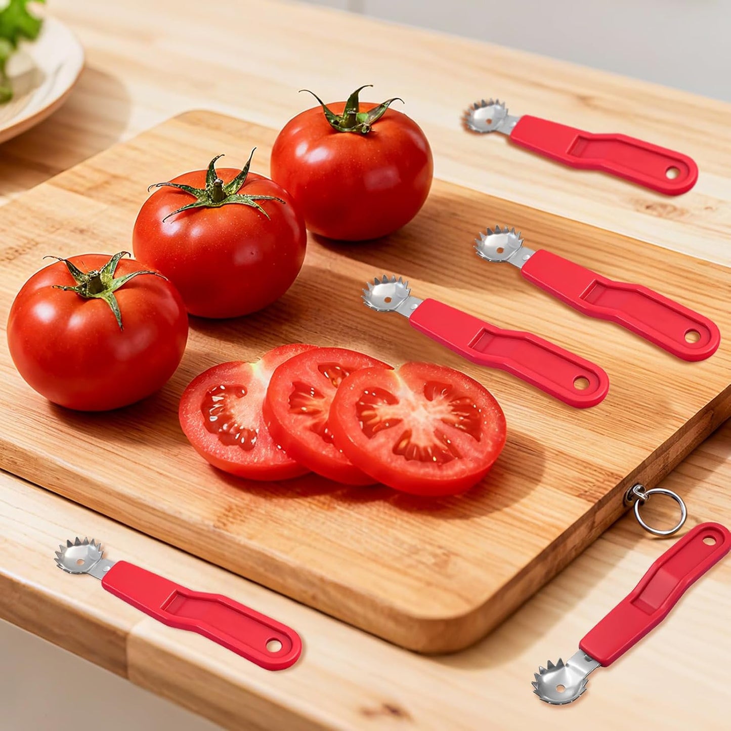 5 Pcs Tomato Corer Tool Strawberry Huller Stem Remover, Handle with hole, Stainless Steel, Fruit Corer Tool for Tomato Strawberry (Red+White)