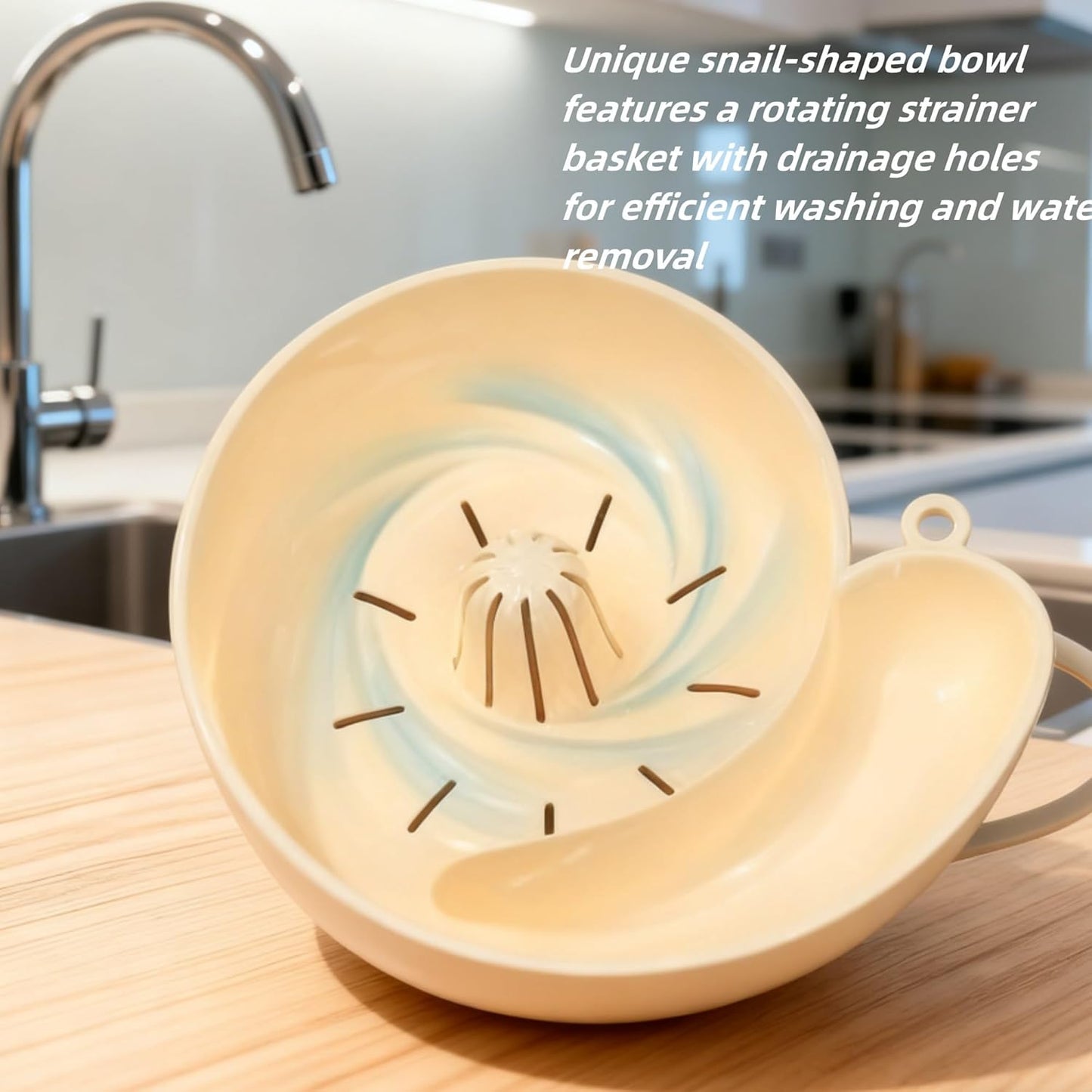 CRIVERY Snail-Shaped Fruit Washer, Automatic Vegetable and Fruit Washer, Multipurpose Rinse Drain Basket, Spinner Bowls, Beige, Plastic, Modern, Sink-Strainers