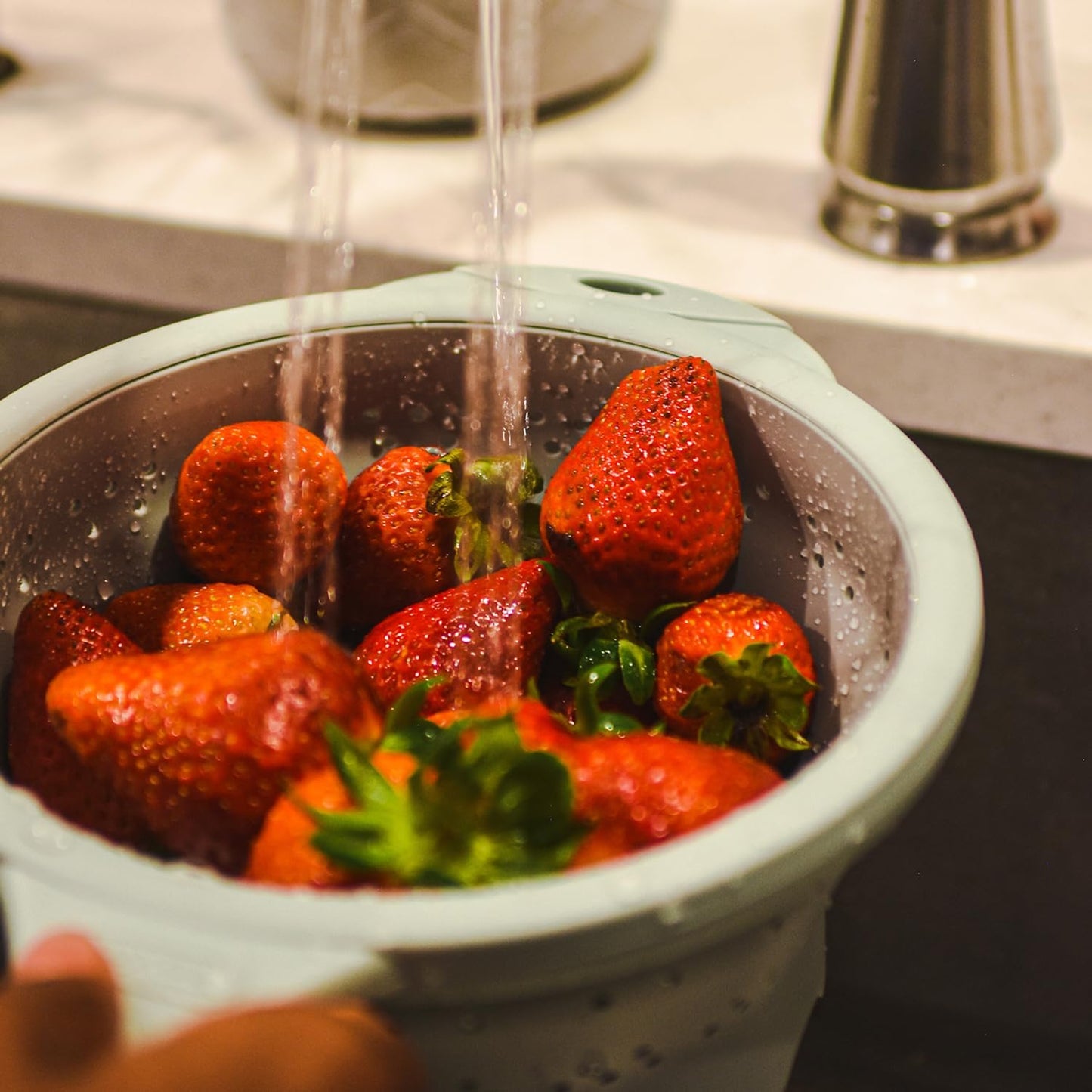 Dexas 10" Collapsible Silicone Colander in Cream, Kitchen Strainer with Handles, 15.1 Cup Capacity | BPA-Free, Heat-Resistant, Space-Saving Kitchen Tool