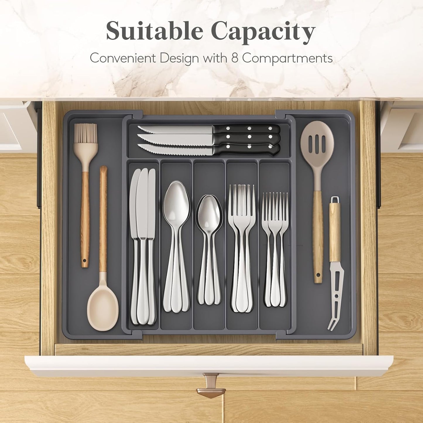 Lifewit Silverware Drawer Organizer, Expandable Utensil Tray for Kitchen, BPA Free Flatware and Cutlery Holder, Adjustable Plastic Storage for Spoons Forks Knives, 11-18 x 14", Black